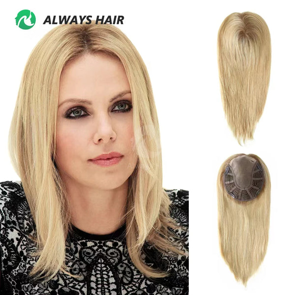 Alwayshair TP18 14" Mono top Wig Topper for Women Straight Human Hair Women Toupee Clip in Toppers 120% Density Hair Pieces Hot