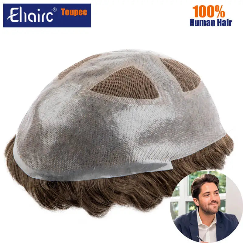 Toupee Men Breathable Lace PU Hair System with Skin Around Male Hair Prosthesis 7" Men Wig For Man 100% Human Hair System Unit