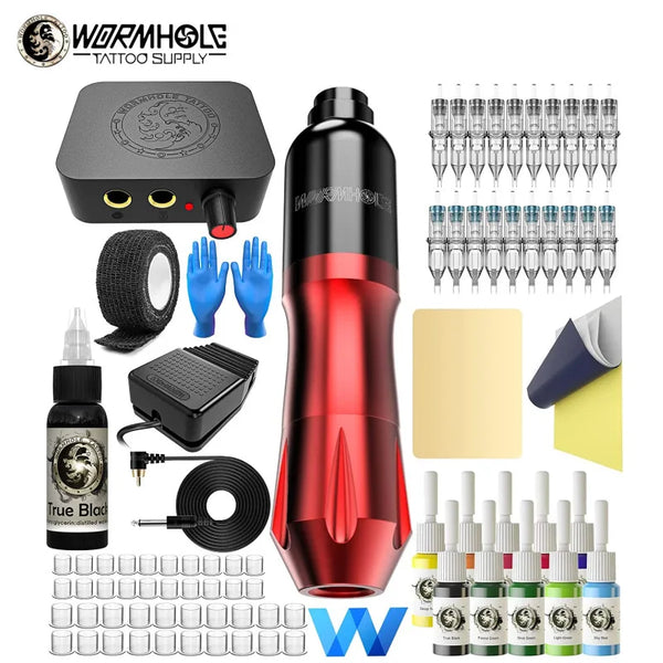 Wormhole Tattoo Kit Professional Permanent Makeup Tattoo Rotary Pen Machine With Cartridge Needle Tattoo Body Art(82PCS)