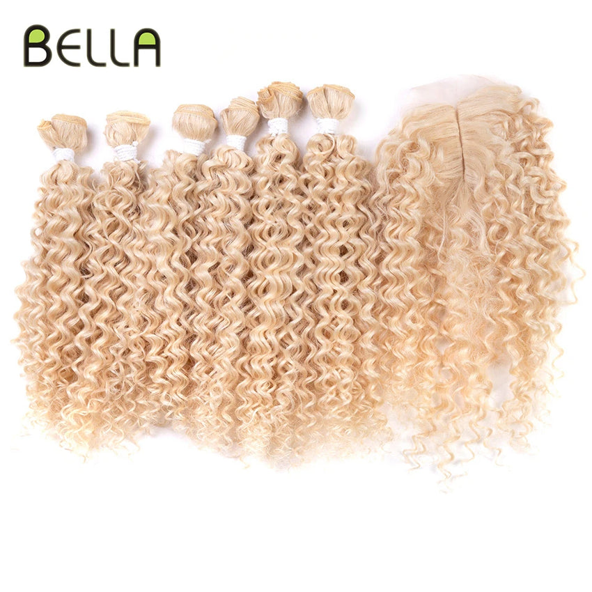 Bella Afro Kinky Curly Synthetic Hair 6 Bundles With 1Closure 7pcs/Lot Ombre Color 16-20 inch Kinky Curly Bundles Hair Extension