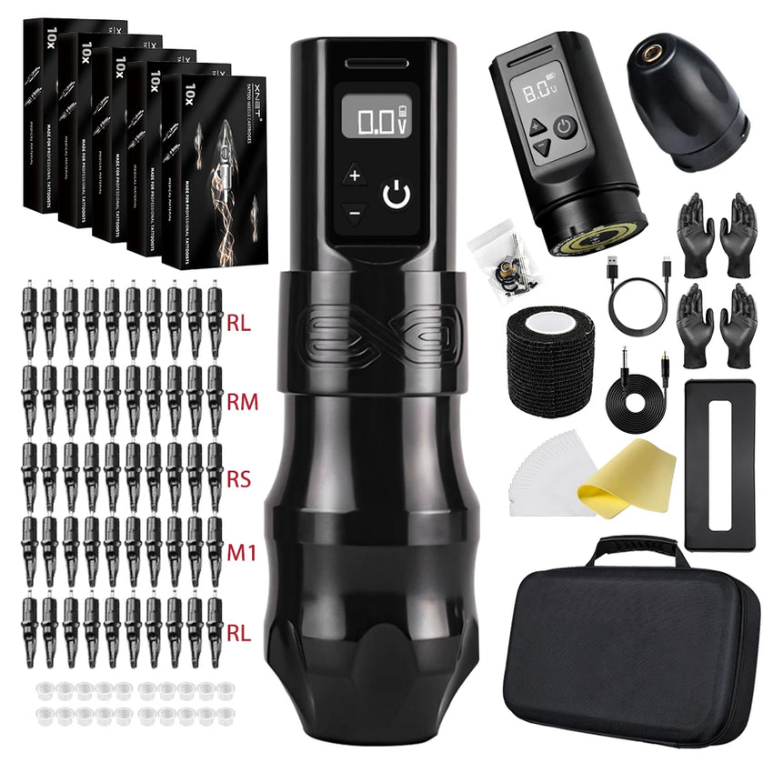 EXO Moteng Wireless Tattoo Pen Machine Set With 50pcs Mixed Cartridges Needles Extra Battery Professional For Tattoo Artist