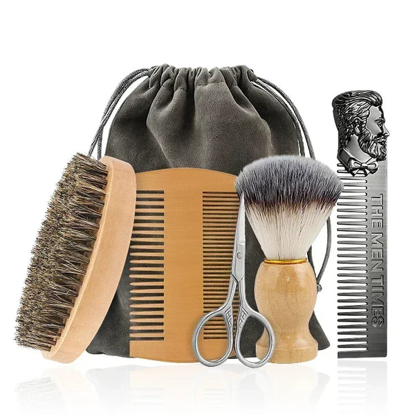 Professional Soft Boar Bristle Wood Beard Brush Hairdresser Shaving Brush Comb Men Mustache Comb Kit With Gift Bag Hair Comb Set