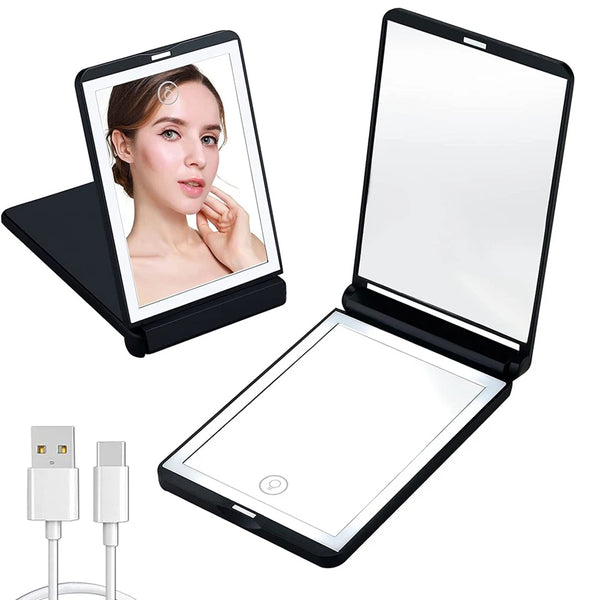 Rechargeable Travel Mirror 1x/2x Magnification Compact Mirror 3 Color Lights Pocket MirrorPortable Makeup Mirror Gift For Girls