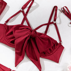 Bowknot Lingerie Open Bra Silk Underwear WIthaca Gloves Bilizna Set Sensual Intimate Garter Thongs Sexy Erotic Outfits