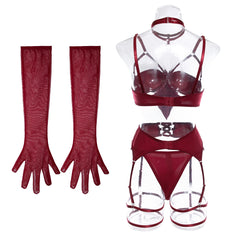 Bowknot Lingerie Open Bra Silk Underwear WIthaca Gloves Bilizna Set Sensual Intimate Garter Thongs Sexy Erotic Outfits