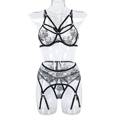 3-Piece Transparent Lace Bra Set Women Bandage Sheer Sexy Lingerie Set Ladies Flroal Black Bra Underwear Set