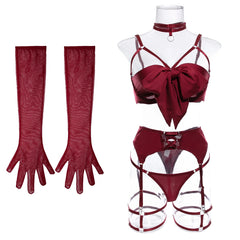 Bowknot Lingerie Open Bra Silk Underwear WIthaca Gloves Bilizna Set Sensual Intimate Garter Thongs Sexy Erotic Outfits