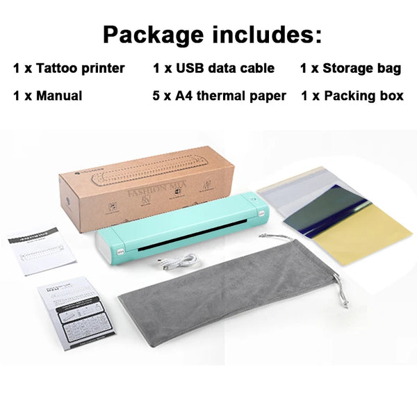 Wireless Portable Tattoo Printer Bluetooth Thermal Mobile Printer Inkless Tattoo Transfer Paper Printer for Home Office Business