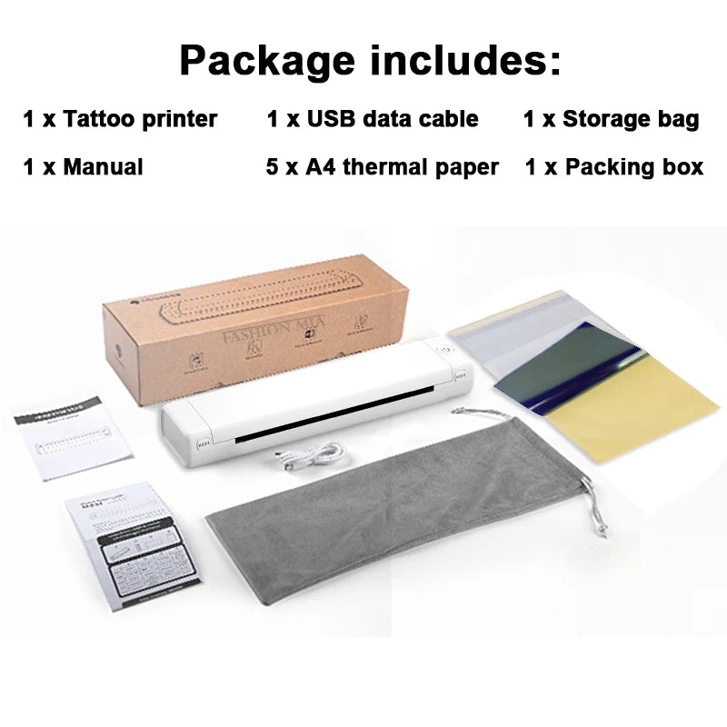 Wireless Portable Tattoo Printer Bluetooth Thermal Mobile Printer Inkless Tattoo Transfer Paper Printer for Home Office Business