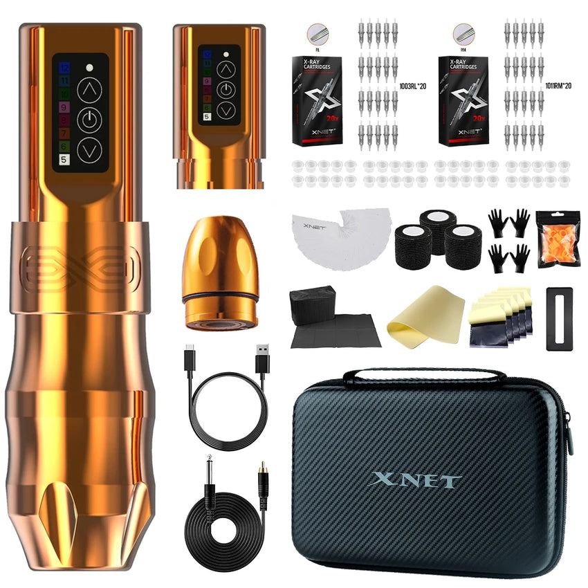 XNET EXO Wireless Tattoo Machine Kit with Extra 2100mAh Power Supply 40 Mixed Tattoo Cartridges for Tattoo Artists