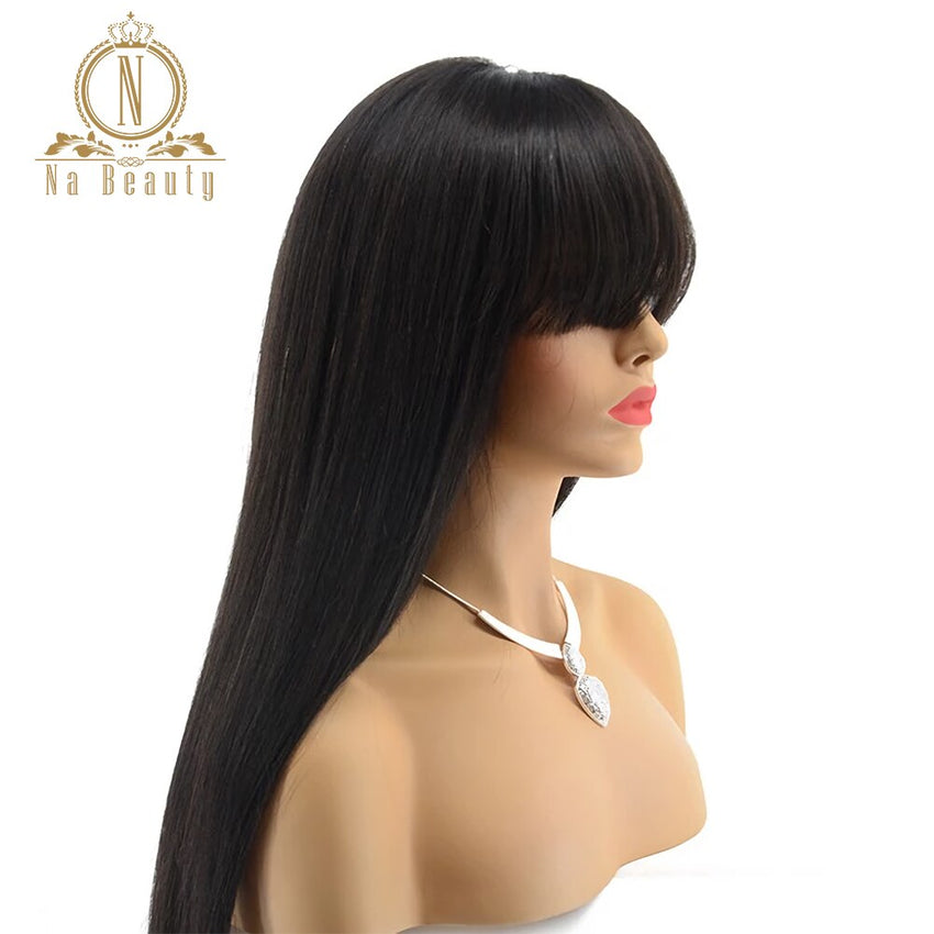 Pre Plucked Straight Human Hair Lace Wig With Bangs - Bellelooks