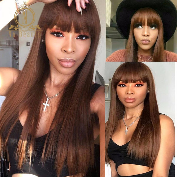 Pre Plucked Straight Human Hair Lace Wig With Bangs - Bellelooks