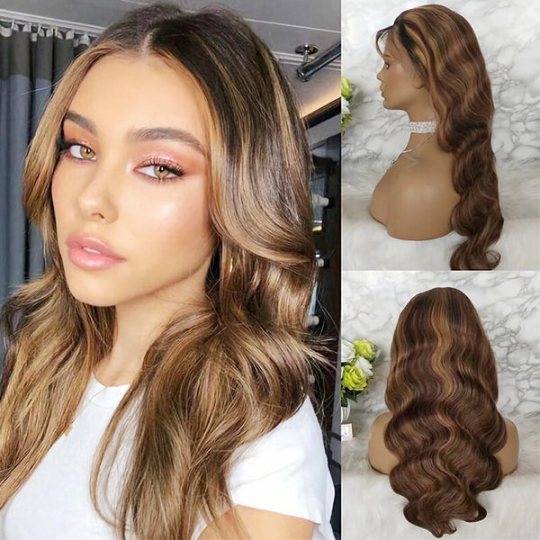 Human Hair Wig Body Wave Highlight Honey Blonde Ombre Colored - Bellelooks