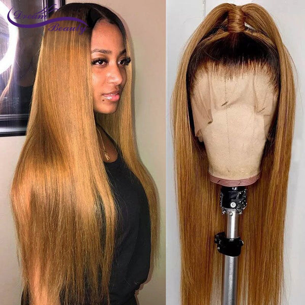 Straight 1b/27 Honey Blond Color Brazilian Remy Hair Wig with Baby Hair - Bellelooks