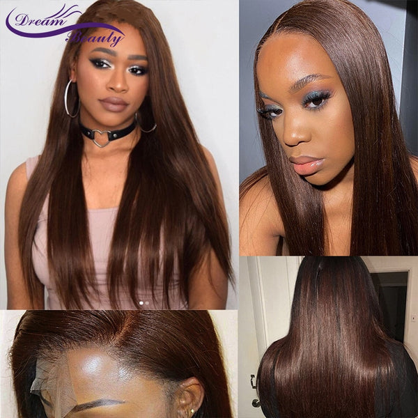 Lace Frontal Human Hair Wigs Straight Brown Color - Bellelooks
