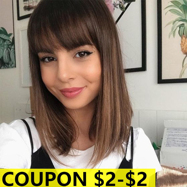 Bella Straight Brown Synthetic Lace Wigs With Bangs For Women Bob Wig - Bellelooks