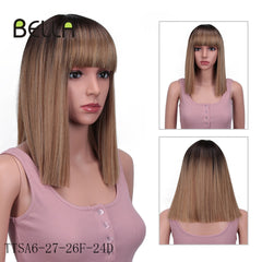 Bella Straight Brown Synthetic Lace Wigs With Bangs - Bellelooks