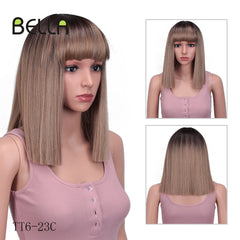 Bella Straight Brown Synthetic Lace Wigs With Bangs - Bellelooks