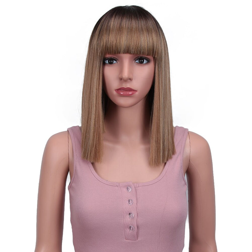 Bella Straight Brown Synthetic Lace Wigs With Bangs - Bellelooks