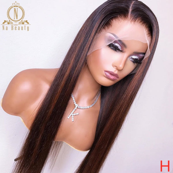 Black With Brown Highlight Wig HD Transparent Lace Wig - Bellelooks