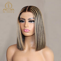 Honey Blonde Ombre Straight Highlight Color Hair 4x4 Closure Wig Human Hair Wig Pre Plucked  For Black Women Nabeauty Remy 150 - Bellelooks