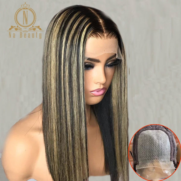 Honey Blonde Ombre Straight Highlight Color Hair 4x4 Closure Wig Human Hair Wig Pre Plucked  For Black Women Nabeauty Remy 150 - Bellelooks