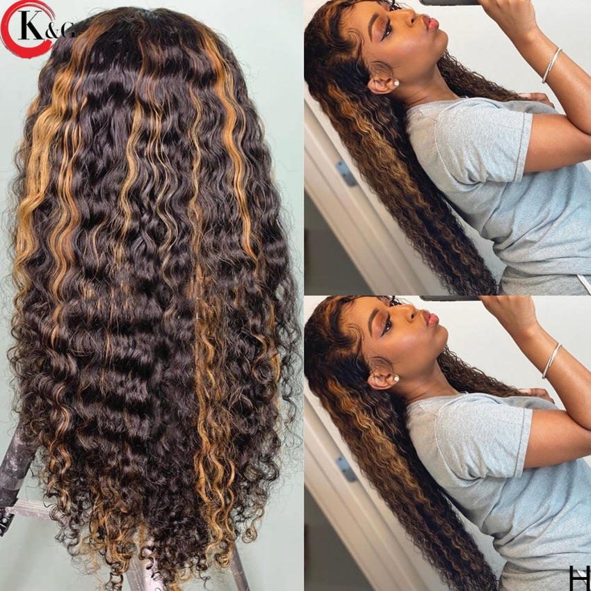 KUNGANG Colored 360 Curly Lace Front Human Hair Wigs With Baby Hair 250 Density  Medium Ratio Non-Remy Wig - Bellelooks
