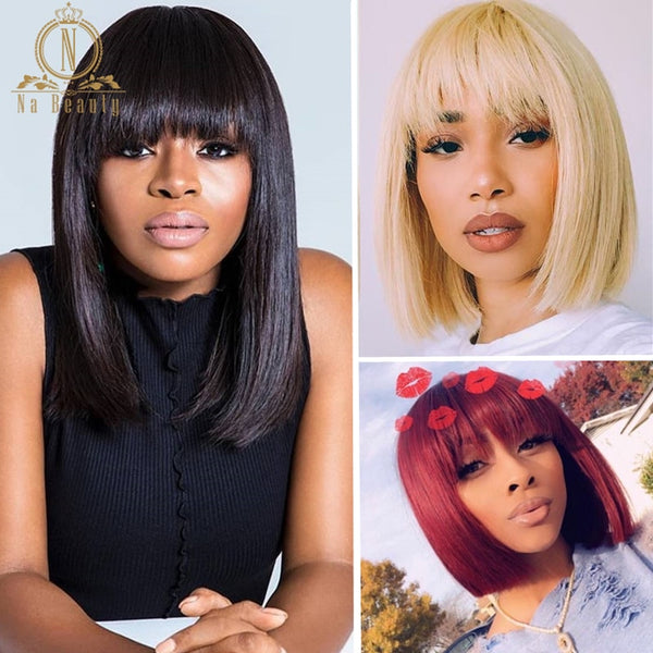Lace Front Short Bob Wig 613 Blonde Red Colored Human Hair Wigs Straight Fringe Wig With Bangs For Black Women 13x4 Nabeauty 150 - Bellelooks
