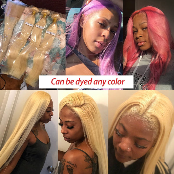 Straight 28 30 32 34 40 Inch Brazilian Remy Human Hair Weave 613 Blonde 3 4 Bundles With13x4 HD Transparent Lace Frontal Closure - Bellelooks