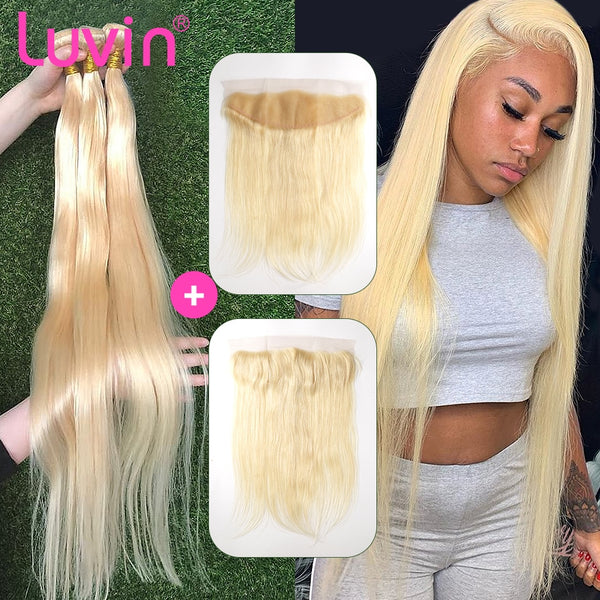 Straight 28 30 32 34 40 Inch Brazilian Remy Human Hair Weave 613 Blonde 3 4 Bundles With13x4 HD Transparent Lace Frontal Closure - Bellelooks