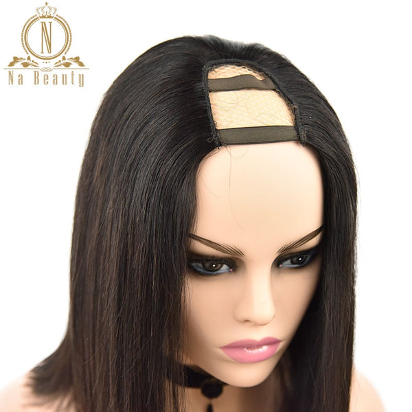 Straight U Part Wigs Human Hair Short Bob Wig Glueless 2"x4" Middle Part 150% for Women Hair Natural Black Color Remy Nabeauty - Bellelooks