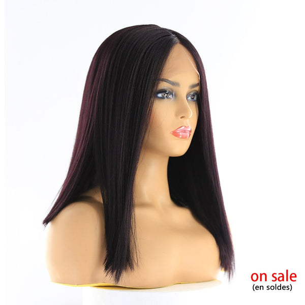 Synthetic Lace Front Hair Wigs Ombre Blonde Black Red Color X-TRESS Yaki Straight Shoulder Length Blunt Lace Part Wig For Women - Bellelooks