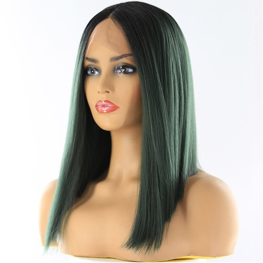 Synthetic Lace Front Hair Wigs Ombre Blonde Black Red Color X-TRESS Yaki Straight Shoulder Length Blunt Lace Part Wig For Women - Bellelooks