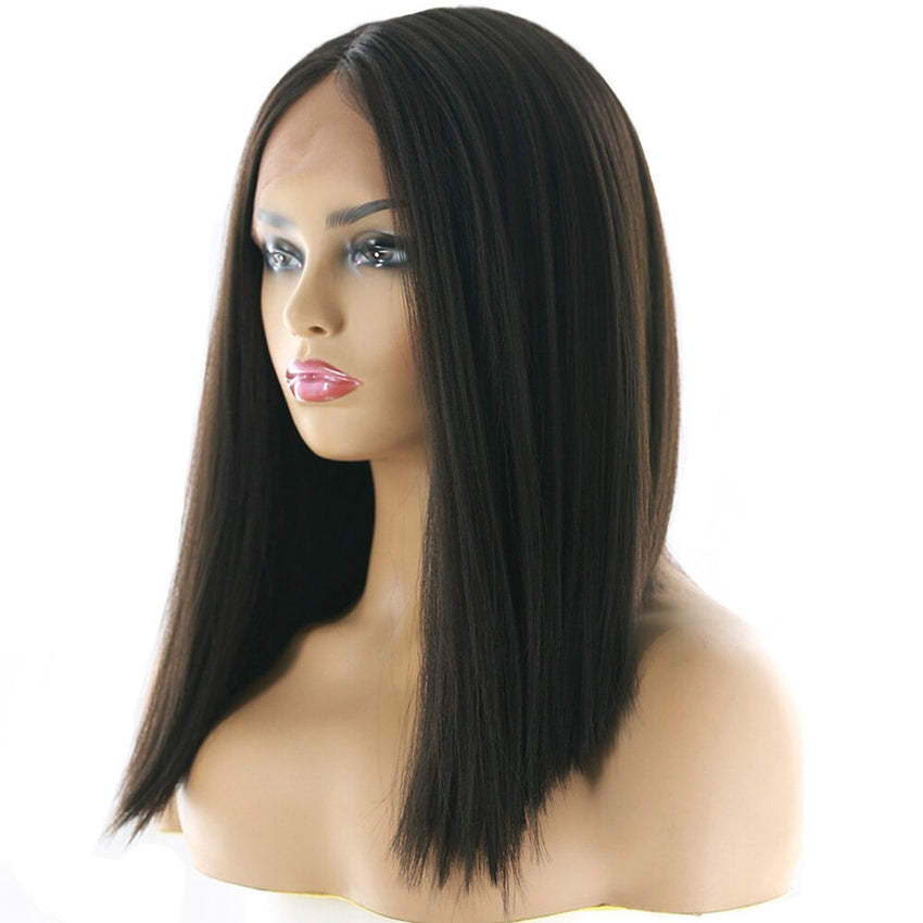 Synthetic Lace Front Hair Wigs Ombre Blonde Black Red Color X-TRESS Yaki Straight Shoulder Length Blunt Lace Part Wig For Women - Bellelooks