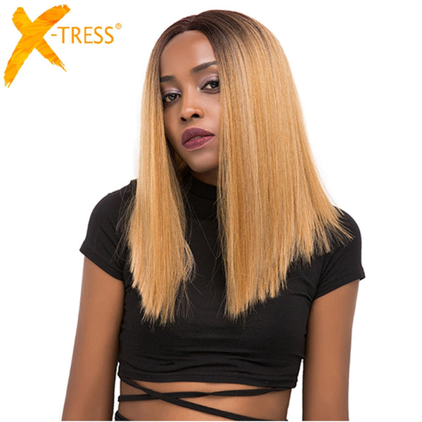 Synthetic Lace Front Hair Wigs Ombre Blonde Black Red Color X-TRESS Yaki Straight Shoulder Length Blunt Lace Part Wig For Women - Bellelooks